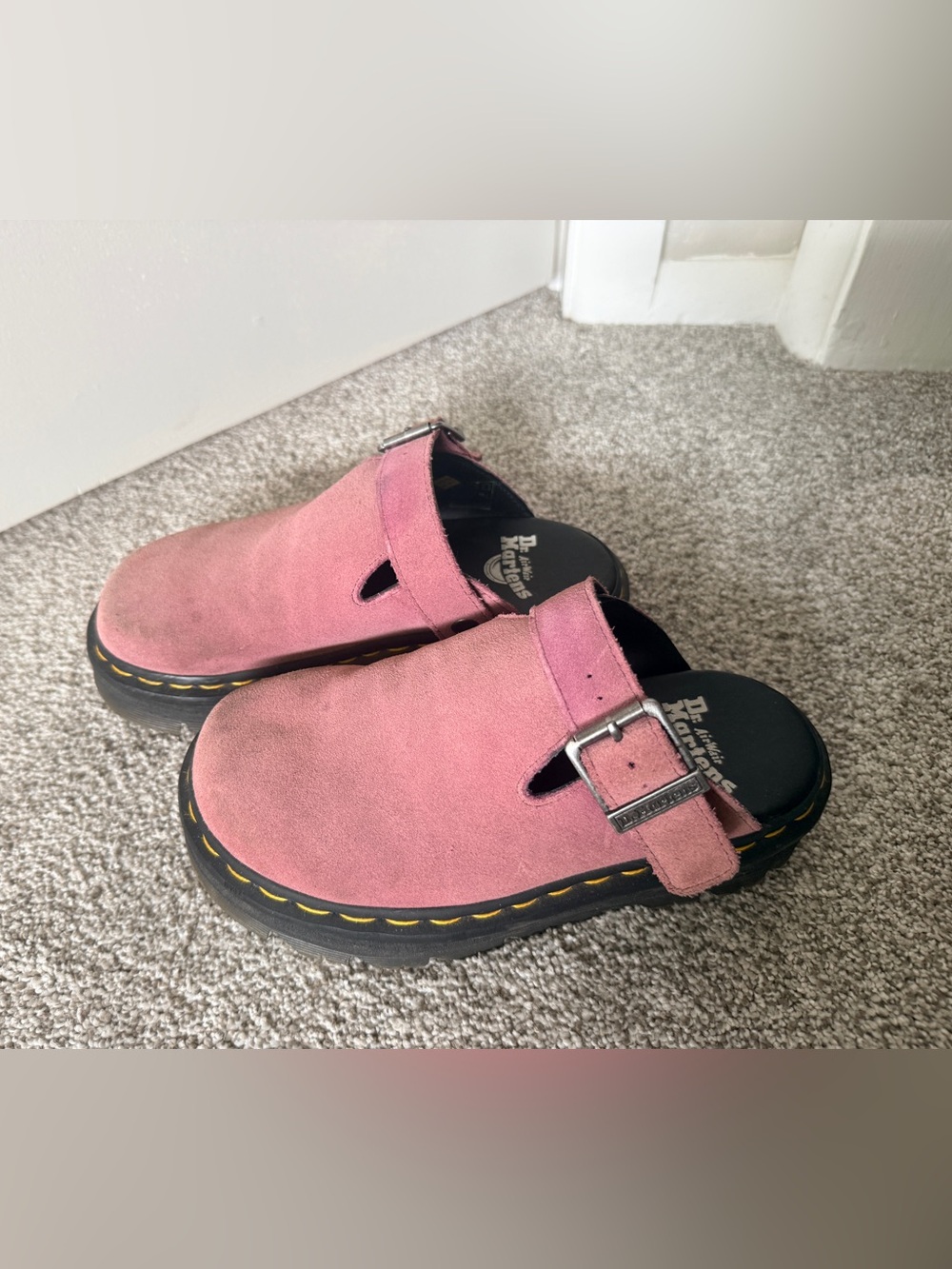 Dr. Martens Lavender Suede Buckle Clogs